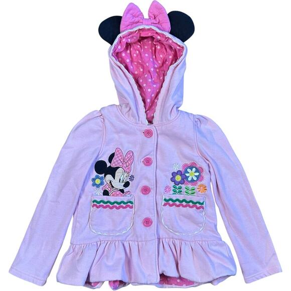 Minnie Mouse Disney Pink Floral Ruffle Button Sweater - Picture 1 of 3